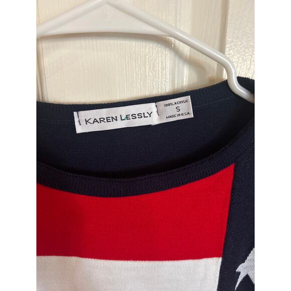 Karen Lessly Red White‎ & Blue Flag Design Sweater Size Small - Picture 2 of 3